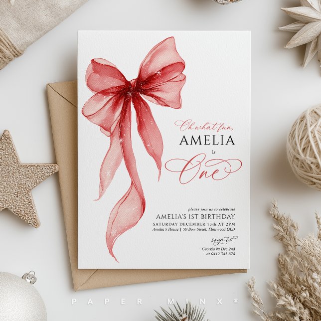 Invitación Oh What Fun Christmas 1st Birthday Party Girl (Girls Christmas themed 1st birthday invitation with red bow. )