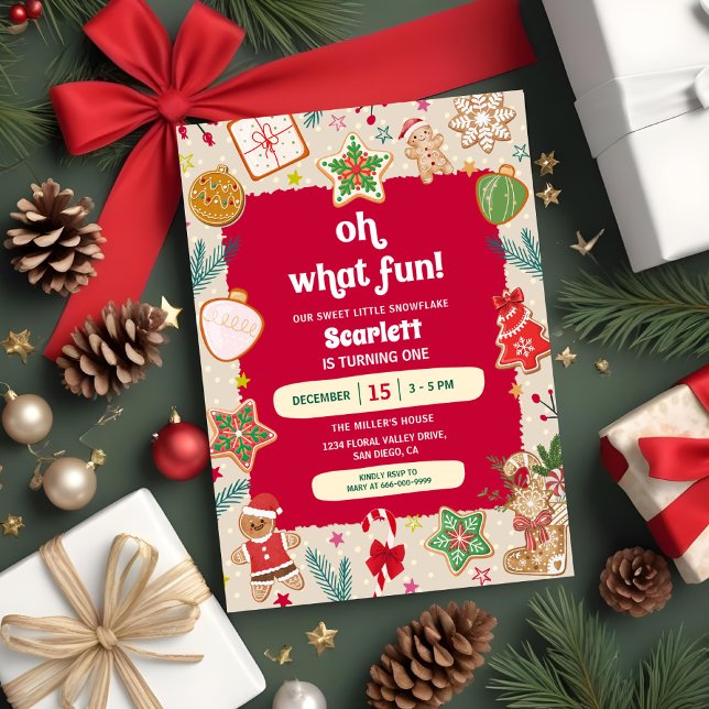 Invitación Oh What Fun Christmas Cookies 1st Birthday Party (Oh what a fun Christmas Gingerbread cookie 1st birthday party invitation)