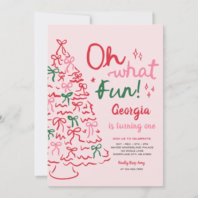 Invitación Oh What Fun Coquette Bow Christmas Tree Birthday (Anverso)