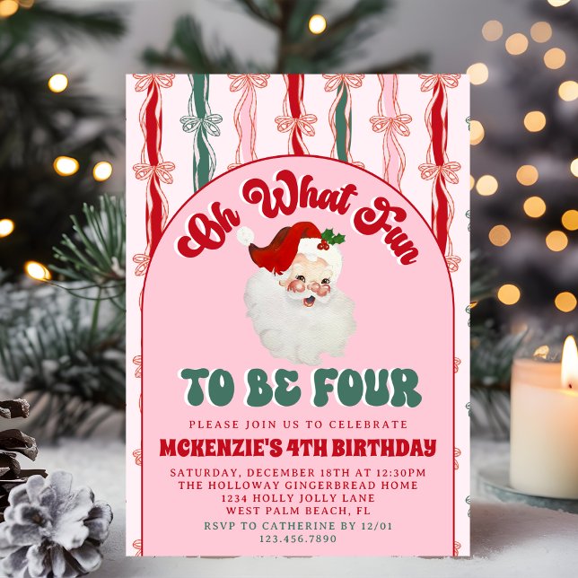 Invitación Oh What Fun Pink Santa Christmas 4th Birthday (Subido por el creador)