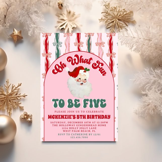 Invitación Oh What Fun Pink Santa Christmas 5th Birthday (Subido por el creador)