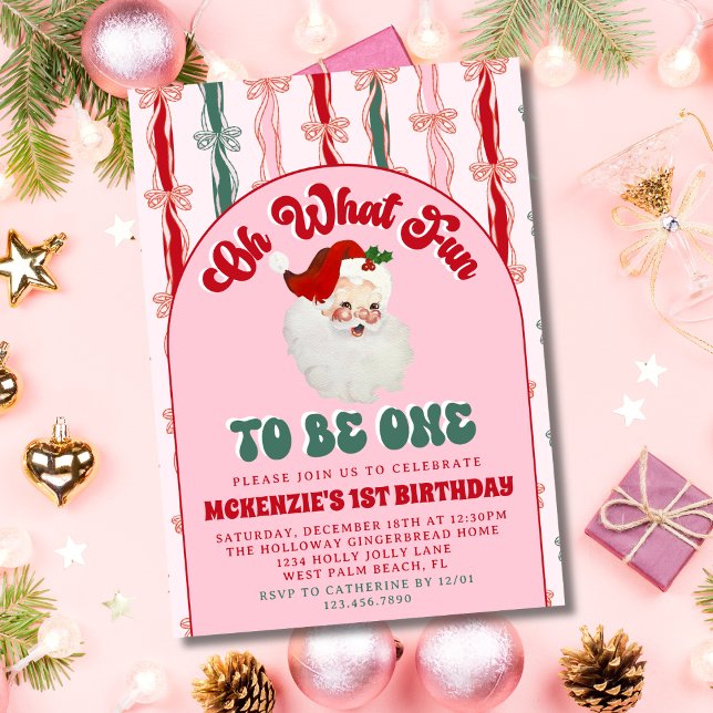 Invitación Oh What Fun Pink Santa Christmas First Birthday (Subido por el creador)