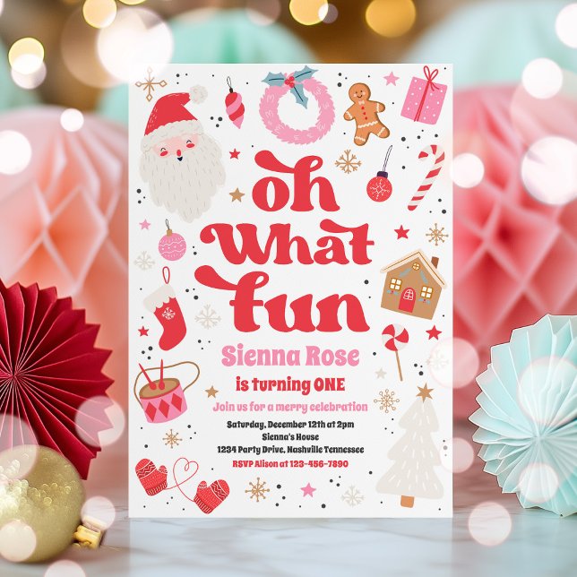 Invitación Oh What Fun Red And Pink Christmas Birthday Party (Subido por el creador)