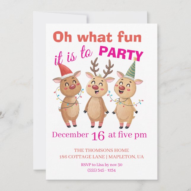 Invitación Oh what fun reindeers holidays party  (Anverso)