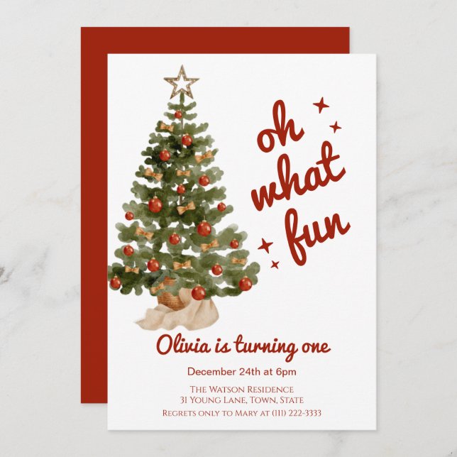 Invitación Oh what fun tree christmas birthday  (Anverso / Reverso)