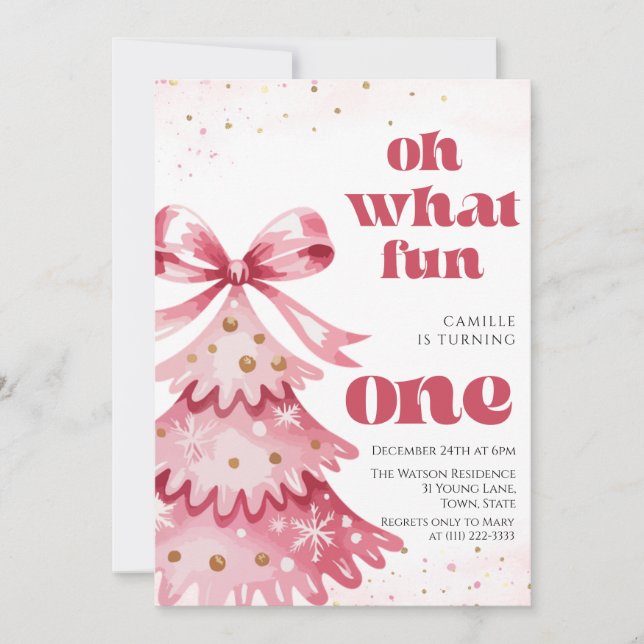 Invitación Oh what fun tree christmas girl birthday  (Anverso)