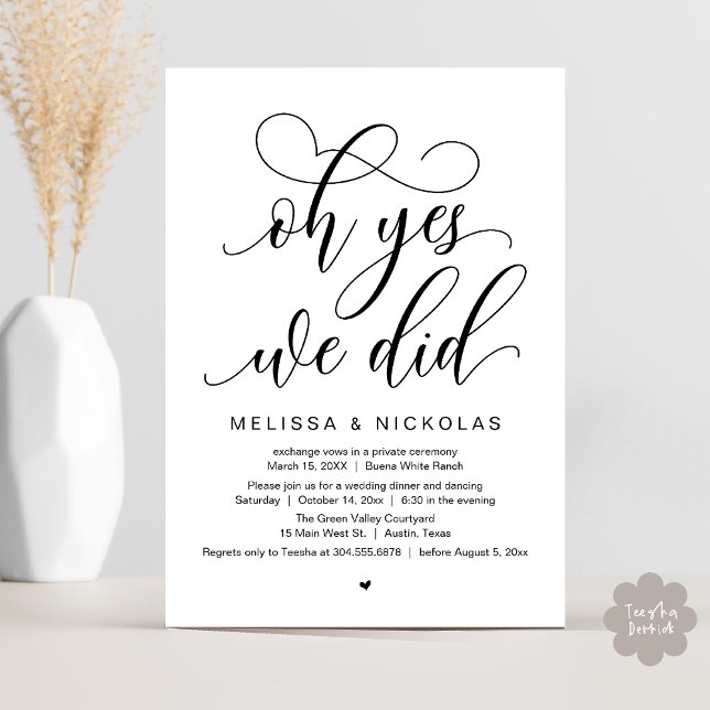 Invitación Oh Yes, We Did, Romantic Wedding Elopement Party (Oh Yes, We Did, Romantic Modern Script Wedding Elopement Party Invitation Card PDF White Black)
