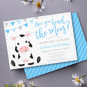 Invitación Oí el cumpleaños de Moos Blue Boy Cow