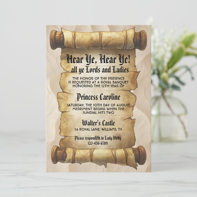 Invitación Oíd Mortales Cumpleaños Real Renacimiento Medieval (Anverso de pie)