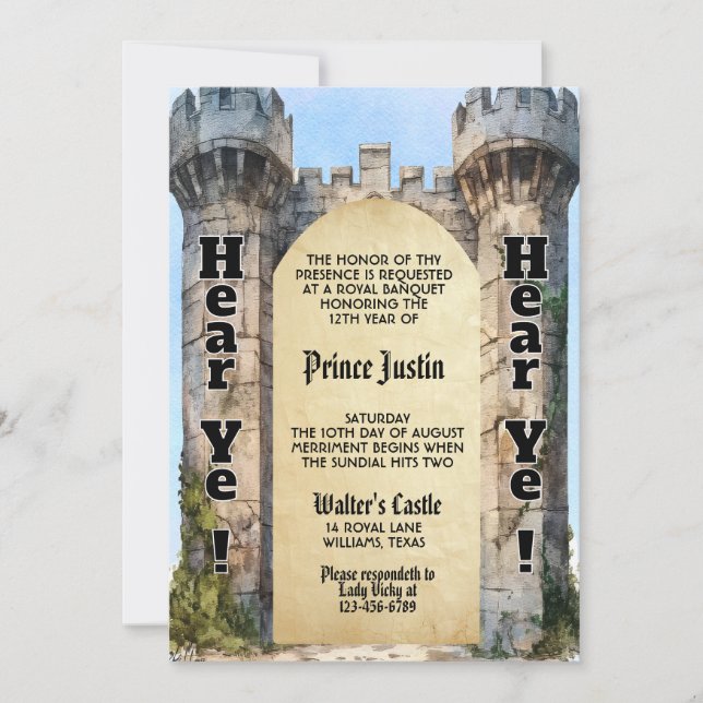 Invitación ¡Oíd! ¡Oíd! Cumpleaños en Castillo Medieval (Anverso)