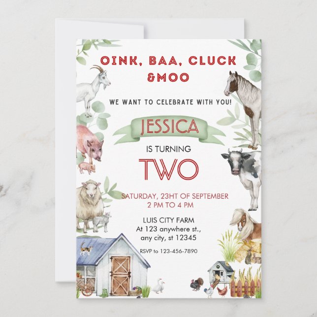 Invitación Oink Baa Moo Cute Farm Animals Cumpleaños (Anverso)