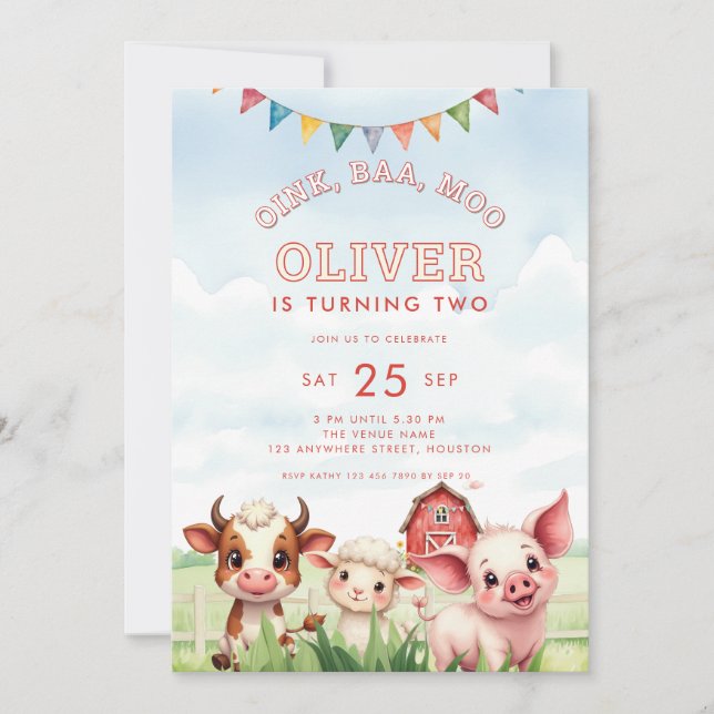 Invitación Oink Baa Moo Cute Farm Animals Segundo Cumpleaños (Anverso)