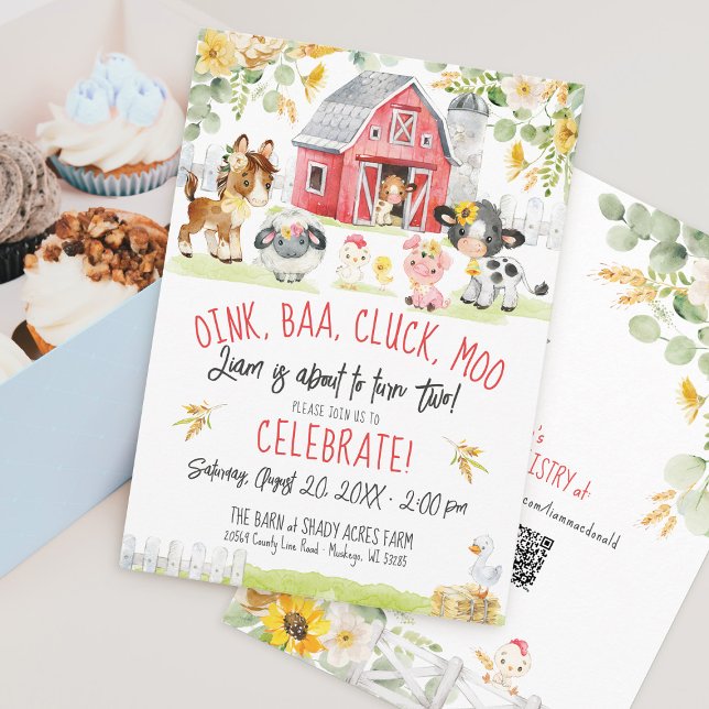 Invitación Oink Baa Moo Farm Barnyard Floral Boy 2º cumpleaño (Cute Watercolor Red Barn Farm Barnyard animals Sunflower floral oink baa moo 2nd boy birthday invite)