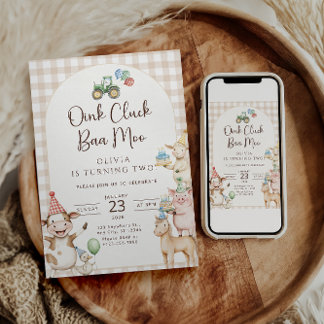 Invitación Oink Baa Moo Turning Two Birthday Invitation