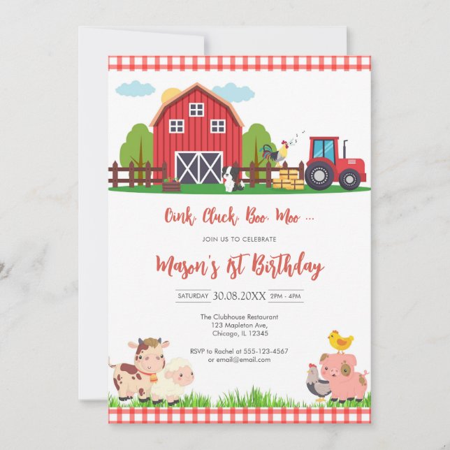 Invitación Oink Baa Quack Moo Farm Animals Birthday (Anverso)