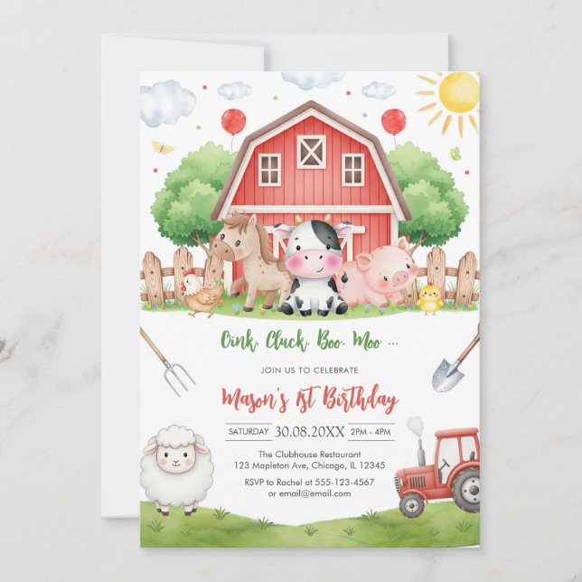 Invitación Oink Baa Quack Moo Farm Animals Birthday (Anverso)