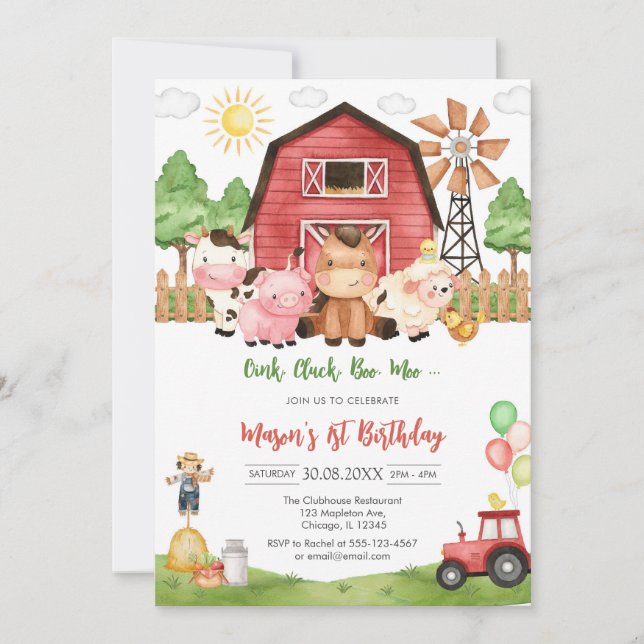 Invitación Oink Baa Quack Moo Farm Animals Birthday (Anverso)