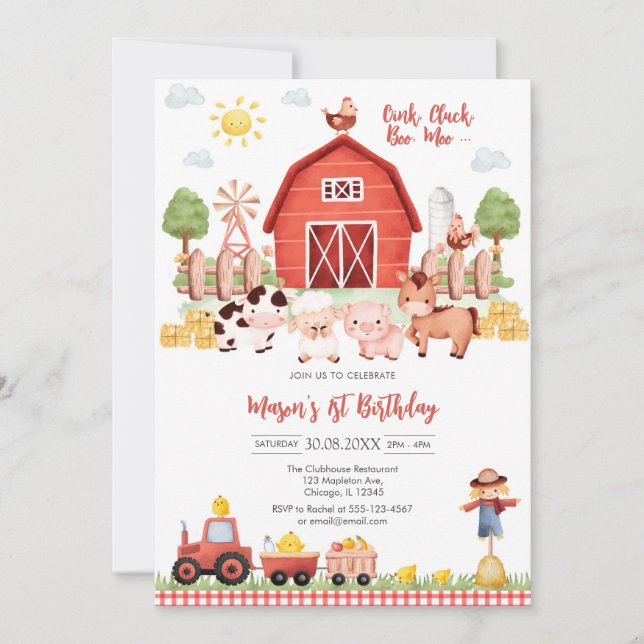 Invitación Oink Baa Quack Moo Farm Animals Birthday (Anverso)