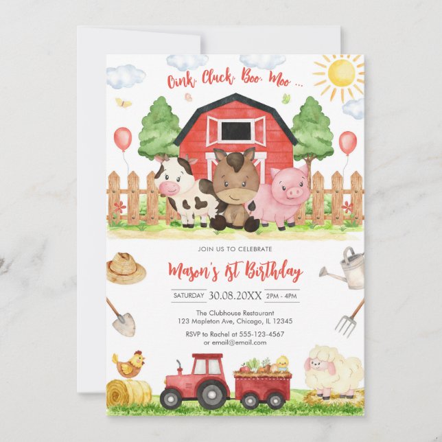 Invitación Oink Baa Quack Moo Farm Animals Birthday (Anverso)