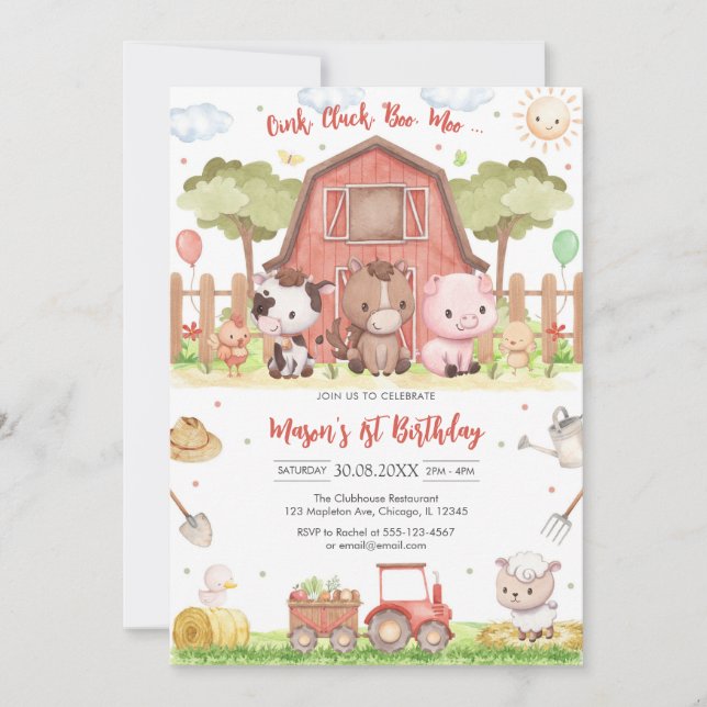 Invitación Oink Baa Quack Moo Farm Animals Birthday (Anverso)