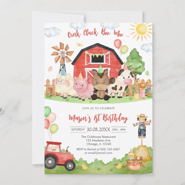 Invitación Oink Baa Quack Moo Farm Animals Birthday (Anverso)
