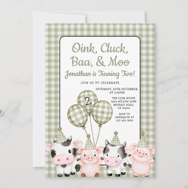 Invitación Oink, Cluck, Baa, & Moo Cumpleaños de la Granja Ve (Anverso)
