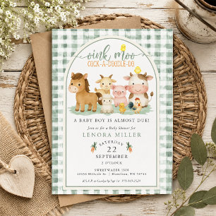 Invitación Oink Moo Verde Cuadro de Granja Animal Baby Shower