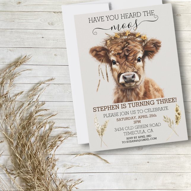Invitación ¿Oíste el cumpleaños de la vaca Moos Boho Highland (Subido por el creador)