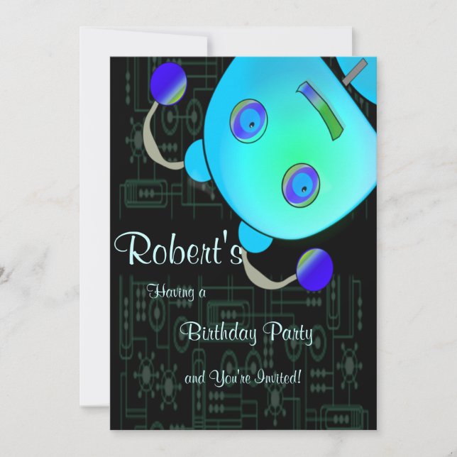 Invitación Ojeada adorable al cumpleaños azul del robot del (Anverso)