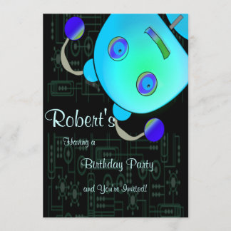 Invitación Ojeada adorable al cumpleaños azul del robot del