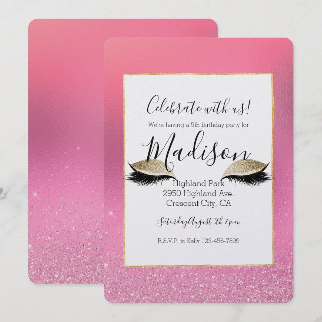 Invitación Ojos glitzy rosados dorados (Anverso / Reverso)