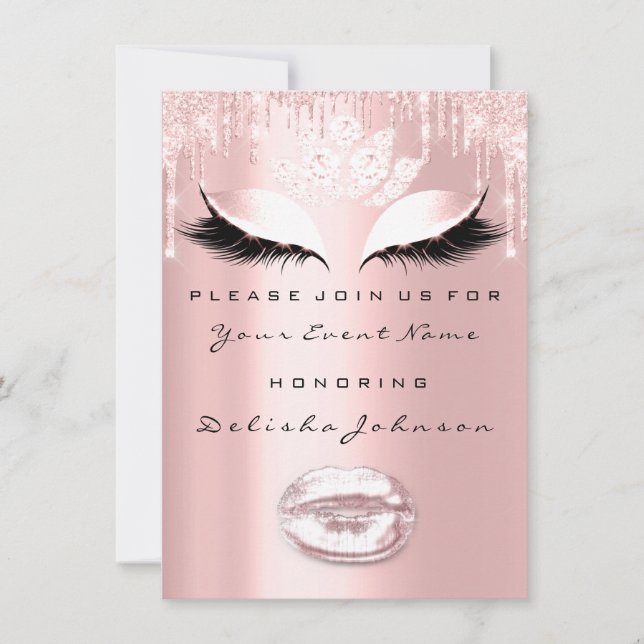 Invitación Ojos Lips Dulce 16ª Drips Chispa RosaDucha Bridal (Anverso)