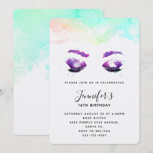 Invitación Ojos y cejas púrpura glamorosos Cumpleaños acuarel