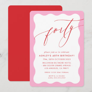 Invitación Ola caligráfica minimalista 40.º fiesta rojo rosa