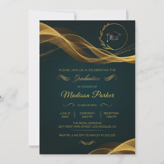 Invitación Ola de brillo de oro en graduación verde (Anverso)
