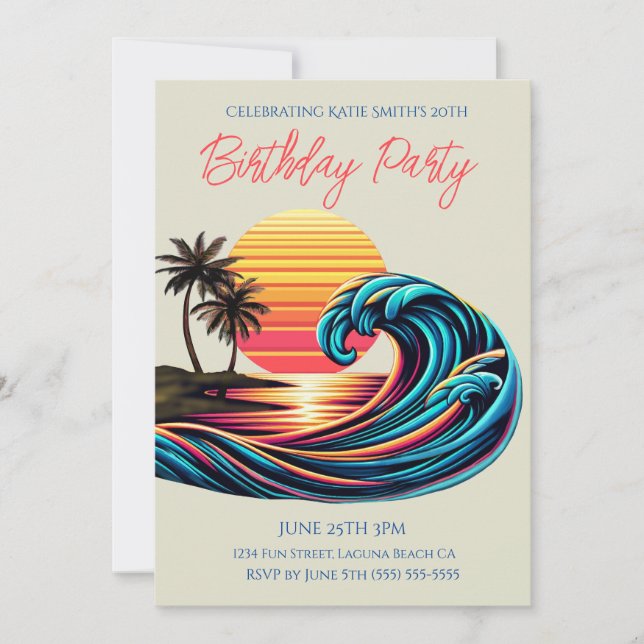 Invitación Ola de surf retro de fiesta de cumpleaños-puesta d (Anverso)