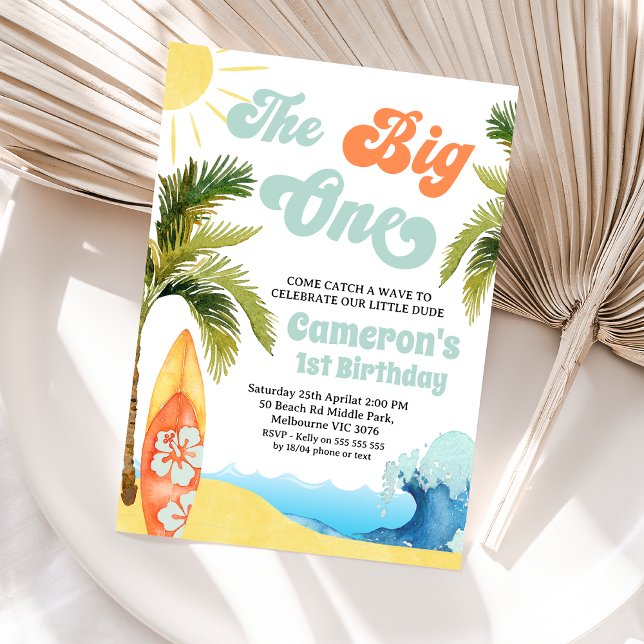 Invitación Ola de Surf Verde azulada naranja Gran Uno Primer  (Editable Boy the Big One Surf 1st Birthday Party Invitation Orange Teal Surf  Surfboard Beach Party )