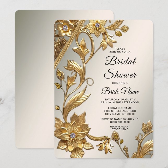 Invitación Ola dorada deja ducha de novia floral (Anverso / Reverso)