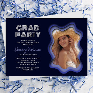 Invitación Ola Retro Azul y Morado Fiesta de Graduación