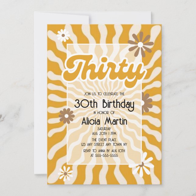 Invitación Ola Retro Sun Daisy Brown 30 cumpleaños (Anverso)