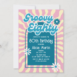 Invitación Ola Retro Sun Daisy Groovy Azul 80 cumpleaños