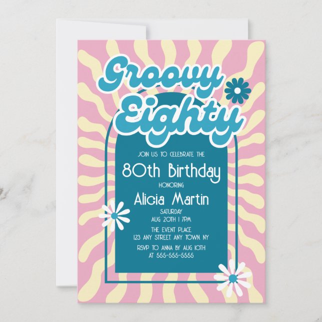 Invitación Ola Retro Sun Daisy Groovy Azul 80 cumpleaños (Anverso)