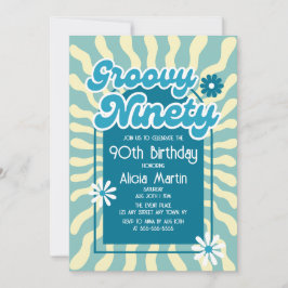 Invitación Ola Retro Sun Daisy Groovy Azul 90 cumpleaños