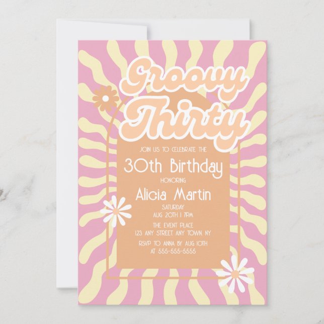 Invitación Ola Retro Sun Daisy Groovy Brown 30 cumpleaños (Anverso)