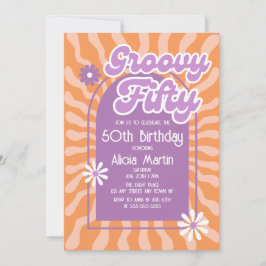 Invitación Ola Retro Sun Daisy Groovy Purple 50 cumpleaños