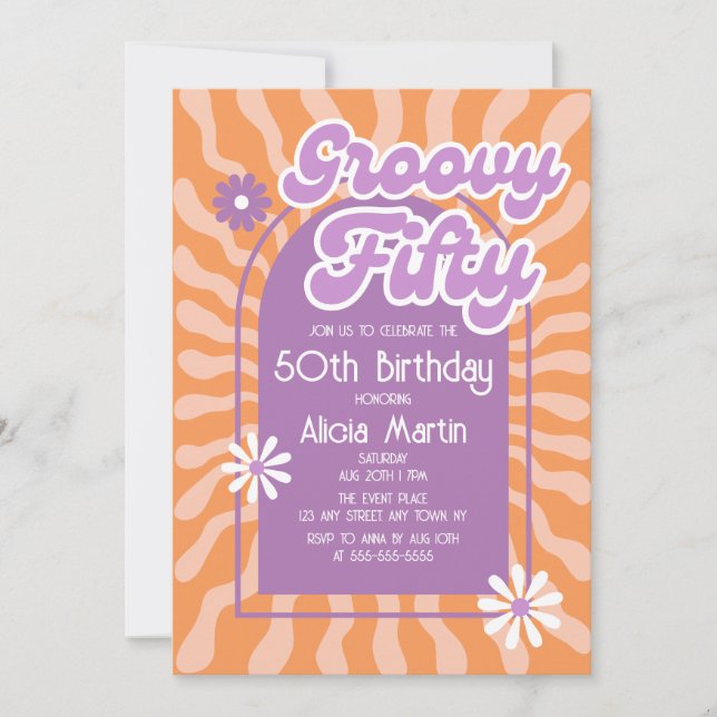 Invitación Ola Retro Sun Daisy Groovy Purple 50 cumpleaños (Anverso)