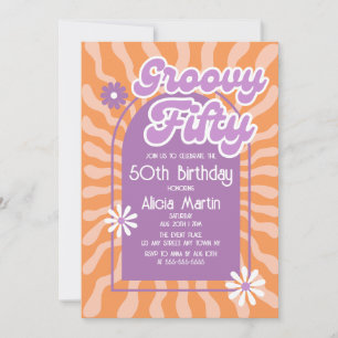 Invitación Ola Retro Sun Daisy Groovy Purple 50 cumpleaños