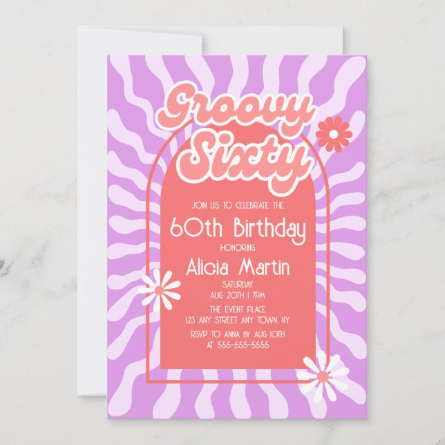 Invitación Ola Retro Sun Daisy Groovy Red 60 cumpleaños (Anverso)