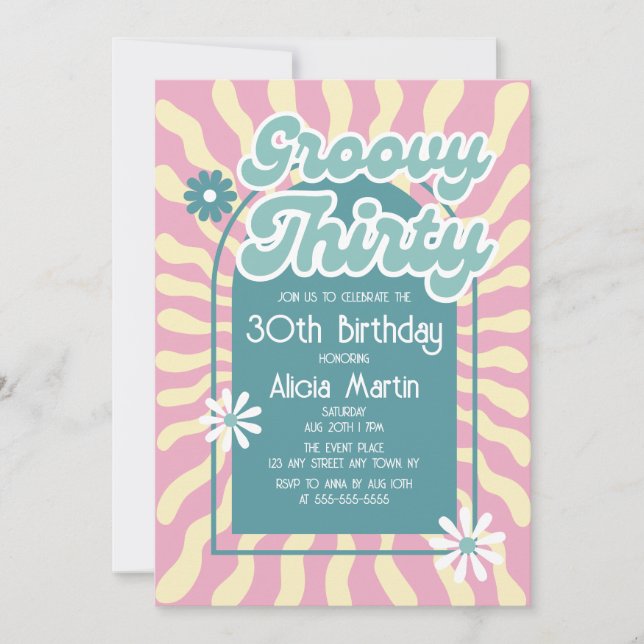 Invitación Ola Retro Sun Daisy Groovy Verde 30 cumpleaños (Anverso)