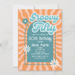 Invitación Ola Retro Sun Daisy Groovy Verde 50 cumpleaños